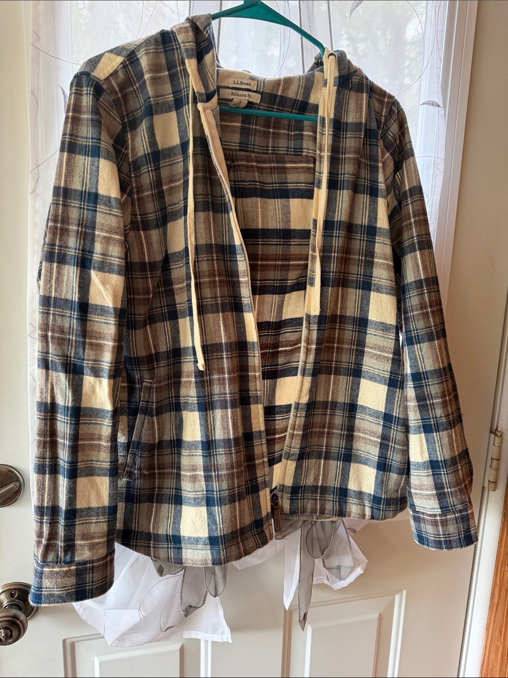 L.L. Bean Cream, Navy & Brown Plaid Hooded Flannel zip up